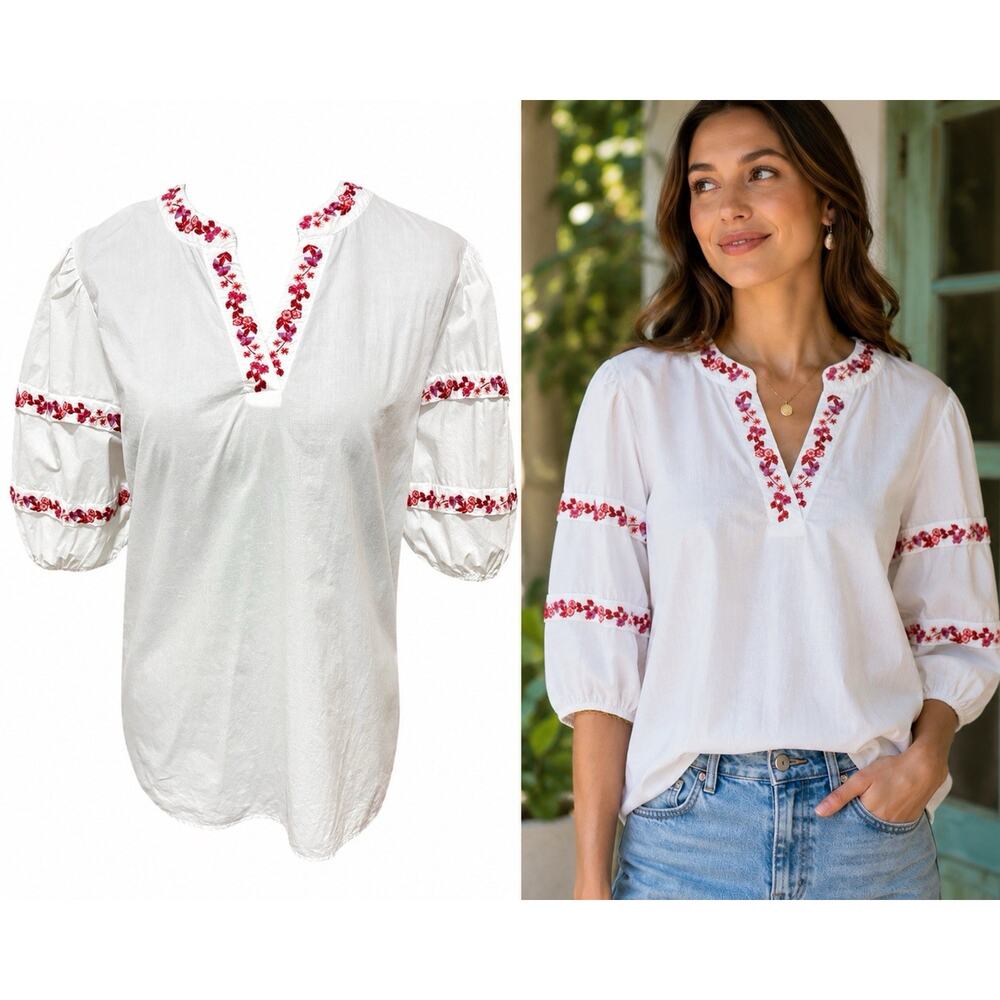 Linda Anderson Embroidered Peasant Blouse Womens S White Puff Sleeve Boho Top